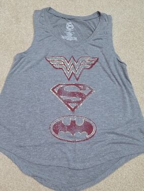 DC Gray Tank Top with Glittery Maroon Superhero Logos